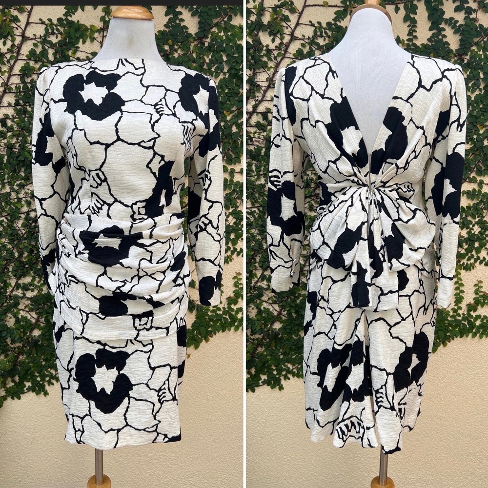 ADOLFO New York textured silk black white abstract floral print v back dress